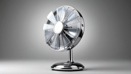 Retro-futuristic chrome fan with translucent glass blades isolated on gradient background for packaging visuals