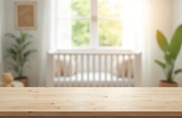 Light wood tabletop in foreground, blurred baby room background. Crib, window, plants create calm nursery scene. Clean, empty surface ideal for product display or presentation.