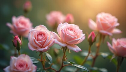 Obraz premium Soft pink roses bloom in a garden with a dreamy bokeh background. Sunlight illuminates the delicate petals, creating a romantic atmosphere. Ideal for celebrations, weddings, or romantic themes.