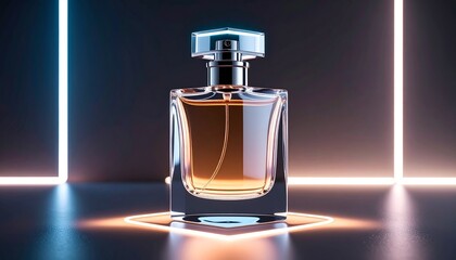 Retro-futuristic perfume bottle with chrome and glass accents glowing under neon light for advertising design