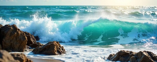 Ocean wave crashing on a rocky shore, sea foam and spray, turquoise water, dramatic sunlight Perfect for travel, nature, and environmental themes , shore, wild