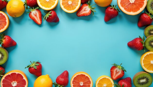 Vibrant collection of fresh fruits including strawberries, kiwis, oranges, grapefruits arranged on bright blue background. Flat lay top-down view creates clean, isolated look with ample copy space - Powered by Adobe