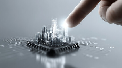 Smart City Concept with Finger Touching Digital Buildings