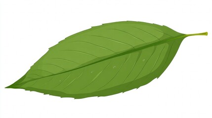 Obraz premium Macro close-up of a fresh, single green leaf with clear veins, isolated on a white background, highlighting its natural organic color and texture