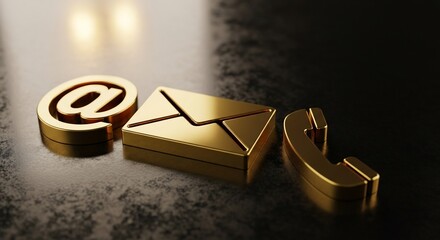 Contact us today with golden email, phone, and at symbol icons for modern business communication
