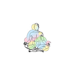 Minimalist continuous line art of a person meditating in a lotus pose, with colorful abstract shapes representing spiritual chakra energy and wellness