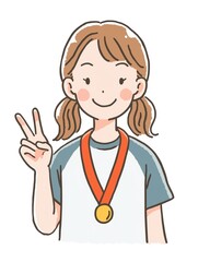 金メダルをかけてピースする笑顔の女性