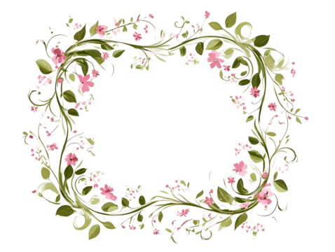 Decorative floral frame with swirling leaves and small flowers pastel pink and green colors isolated on white background