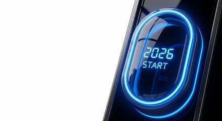 Launch into 2026 with a modern, glowing start button pushing innovation and futuristic technology forward