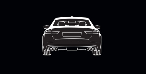 Stylized white outline of a modern sports car rear view on a black background, highlighting sleek design and quad exhaust pipes. Minimalistic automotive vector illustration