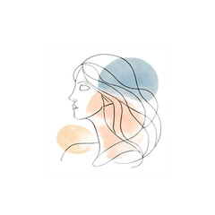 Minimalist line art drawing of a woman's profile with flowing hair and abstract watercolor shapes. Elegant and modern portrait for beauty concepts