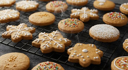 Freshly Baked & Decorated Holiday Cookies on Cooling Rack with Steam