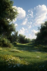 Verdant Meadow Under a Cloudy Sky: Serene Landscape with Lush Greenery.