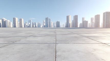 Empty Concrete Plaza Facing Modern City Skyline Daylight Panorama.