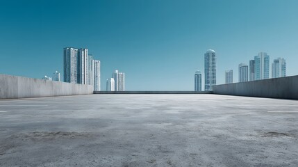 Modern Cityscape: Empty Rooftop with Skyscrapers Under Clear Blue Sky.