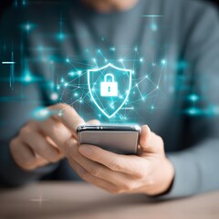 Hands Holding Smartphone with Glowing Digital Security Shield and Network Overlay for Data Protection.