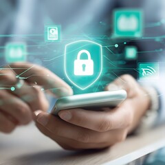 Digital Security: Smartphone User with Shield and Lock Icon Data Protection Concept.