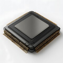 Close-up of a damaged dark grey computer processor with golden pins on a white background.