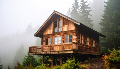Wooden Cabin in Forest Fog Nature with Peaceful Cabin, and Lodge.