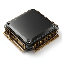 High-Tech Computer Chip with Gold Connectors Detailed Close-Up.
