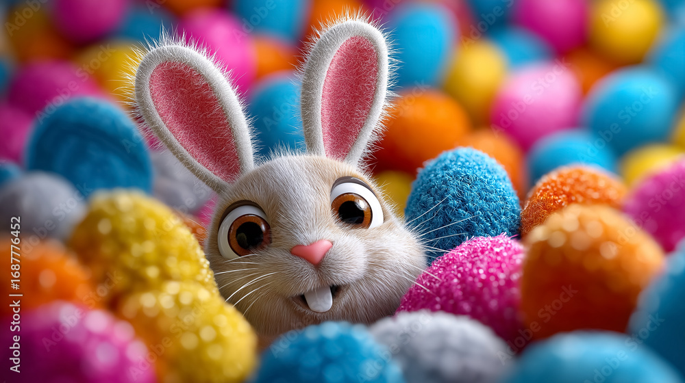 Poster rabbit peeks out from vibrant assortment of fuzzy balls in cheerful and colorful setting. concept of
