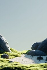 Serene Green Landscape with Textured Boulders Winding Sandy Path and Bright Sky.