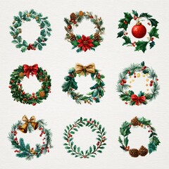 Various Christmas wreath designs using natural elements and festive decorations on a textured background