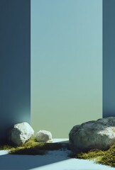 Sunlit Rocks and Moss on a Serene Minimalist Geometric Podium.