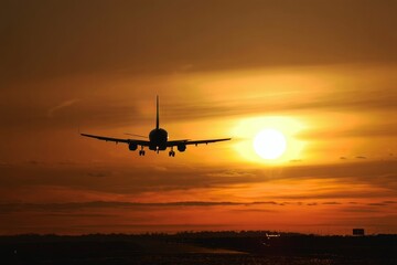 Airplane Landing at Sunset – Dramatic Silhouette