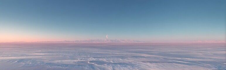 Ethereal Arctic Landscape: Crescent Moon Over Frozen Plains at Dawn.