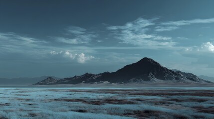 Ethereal Twilight Over Vast Alien Landscape with Jagged Mountains and Frosty Plains.