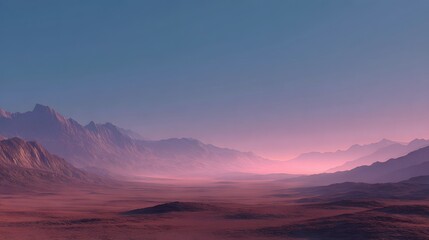 Ethereal Pink Haze Over a Vast Alien Mountain Valley at Twilight.