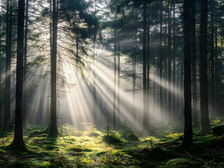 Fototapeta premium Majestic Forest Trees with Sunlight Beams in Serene Misty Wilderness Landscape