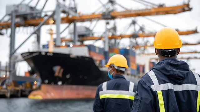 Industrial port scene with cranes loading urea fertilizer into a ship, overseen by workers in safety gear.
