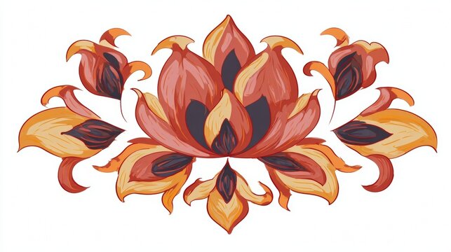 Watercolor illustration of a stylized floral design with warm colors, featuring a central lotus-like flower surrounded by smaller blooms.