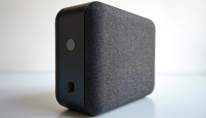 Obraz premium Compact portable speaker featuring grey fabric covering and black casing. USB port visible. Modern, stylish device for travel and on-the-go music enjoyment, office, or parties.