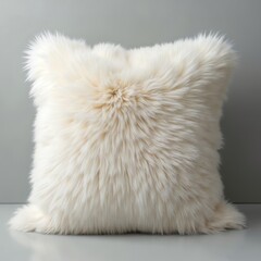 Fluffy white cushion with smooth texture. Square pillow is comfortable, cosy home decor accessory. Plush fabric adds elegant, modern, minimal, clean aesthetic for relaxation in bedroom or living room.