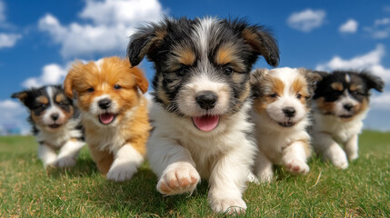 Obraz premium Five energetic puppies run towards the camera, displaying happiness on a sunny day. The bright green grass environment complements the playful mood. Concept of pet care, animal adoption, dog training