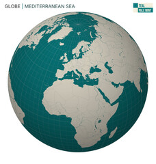 Vector Globe centered to Mediterranean Sea. Teal Pale Mint palette. World map with meridians, parallels, countries, rivers and lakes. Classic vector illustration.