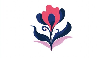 Obraz premium A stylized illustration of a flower with vibrant pink petals and dark blue leaves on a white background, featuring a decorative and artistic design.