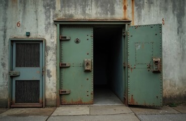 Two heavy industrial doors, one green, one gray, stand open against weathered concrete bunker wall. Large green doors feature robust metal plating, thick bolts, showing signs of rust, wear. Smaller