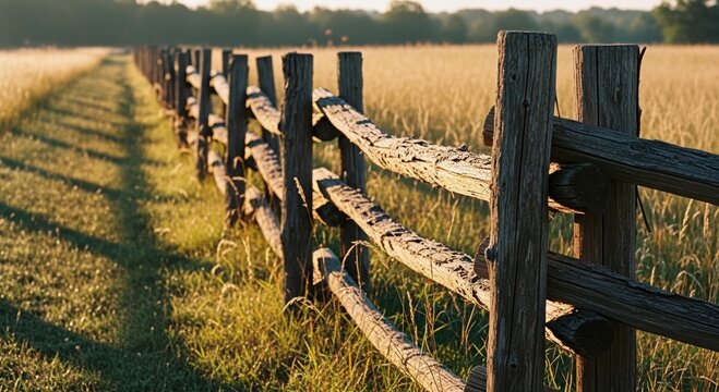 Old wooden fence and a path through a golden field with green grass, concept farming and rural landscape.