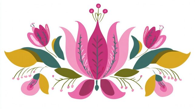 Vibrant folk art floral design with symmetrical pink flowers and green leaves.