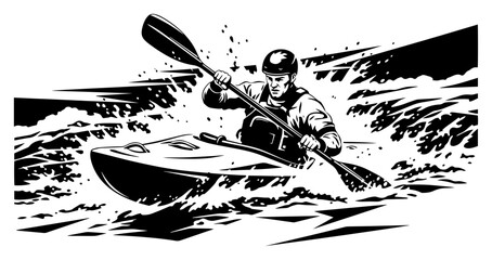 Whitewater kayaking athlete paddling through rapids silhouette