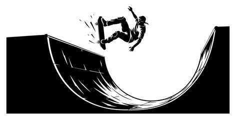 Skateboarder performing trick on halfpipe ramp silhouette © Camel