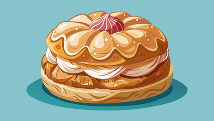 Paris-Brest, a circular choux pastry filled with praline cream, dusted with sugar, rests proudly. Isolated background symbolizes French cycling heritage, indulgence, and Parisian innovation in delicat