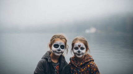 Three kids in ghost costumes with white balloons smile for a Halloween photo. The playful vibe is perfect for holiday promotions, family-centered content, or advertisements related to Halloween