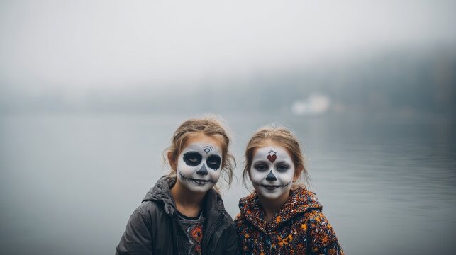 Three kids in ghost costumes with white balloons smile for a Halloween photo. The playful vibe is perfect for holiday promotions, family-centered content, or advertisements related to Halloween