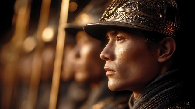 Ancient soldiers are well-groomed, solemn and dignified
