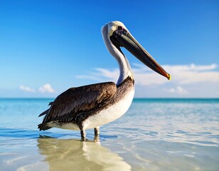 Pelican wading in shallow water